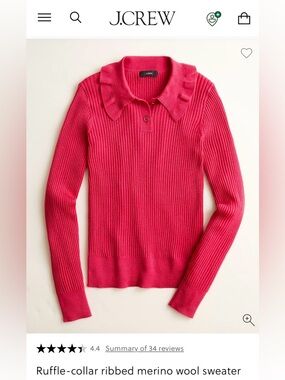 J.Crew Pink  Ruffle-collar Ribbed Merino Wool Sweater M